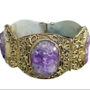 Antique Chinese Amethyst Gold Gilt Bracelet Filigree Panels Estate Jewelry 48.2g